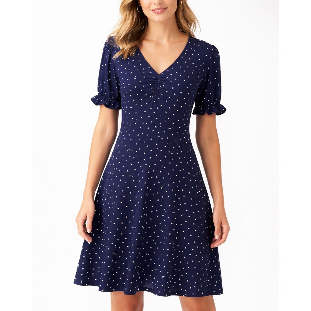 Boden Navy Polka Dot V Neck Puff Sleeve Dress Size 10R D0136